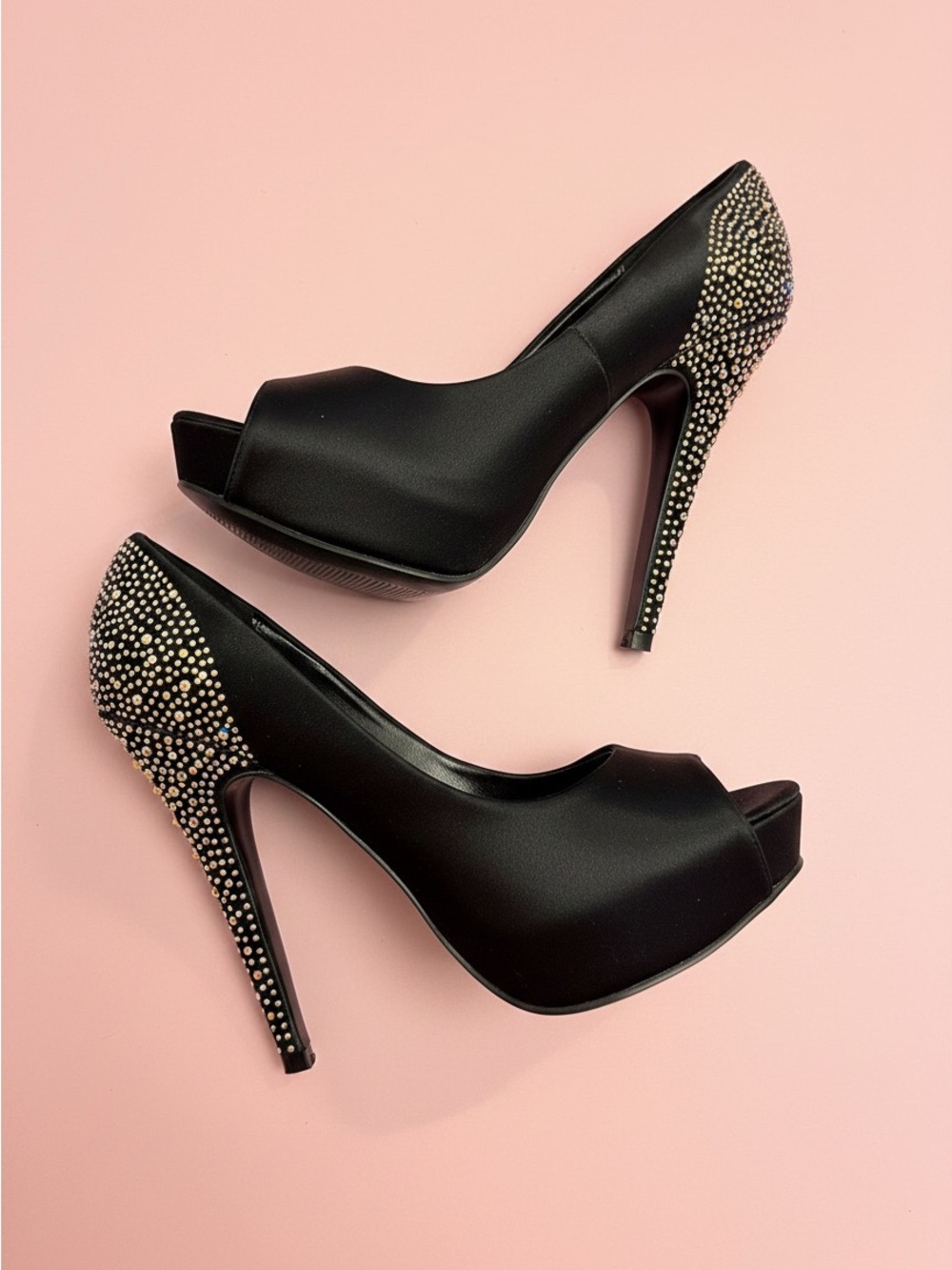 Steve Madden Black Peep-Toe Platform Heels with Crystal-Studded Heel